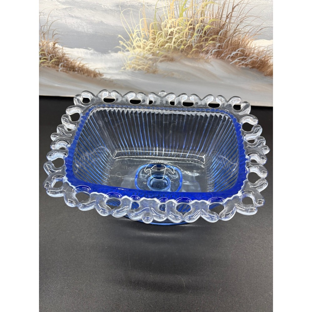 Vintage Indiana Glass Candy Dish & Lid Footed Pedestal Blue Ribbed Lace Edge - Picture 5 of 10